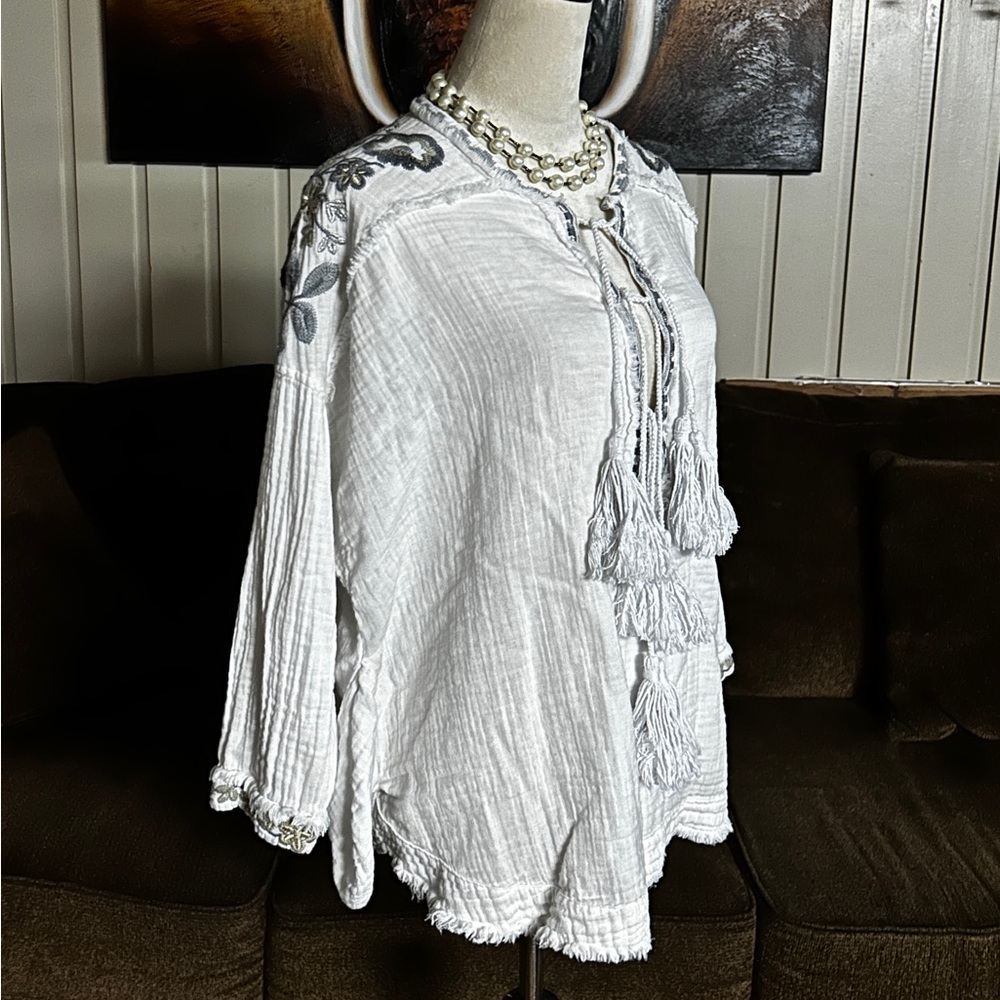 Johnny Was ~ Small ~ White W/Silver & Gray Floral Embroidery Triple Tassel Top - Picture 8 of 16